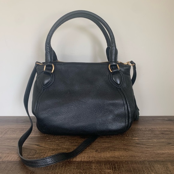 J Crew Leather Hobo Black Handbag Shoulder Bag Doctor Style Fringe Crossbody